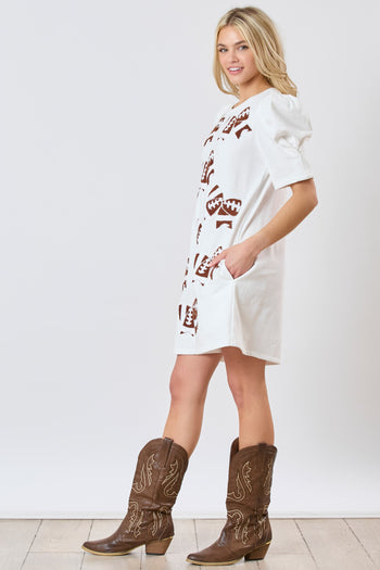 Peach Love Terry Knit Mini Dress with Football Bow Patches in White