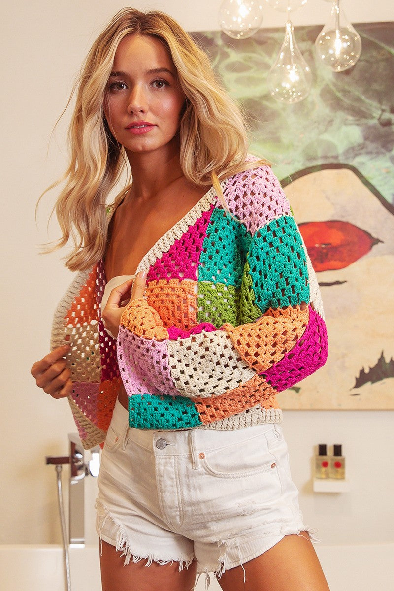 BiBi Checkered Pattern Open Front Cardigan in Oatmeal Multi – June