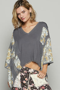 POL Oversized Contrasting Pattern Top in Charcoal