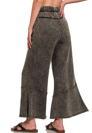 Acid Washed Exposed Seam Flare Hem Pants in Ash Black Pants Zenana   