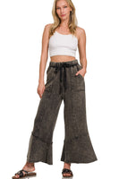 Acid Washed Exposed Seam Flare Hem Pants in Ash Black Pants Zenana   