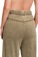 Acid Washed Exposed Seam Flare Hem Pants in Mocha Pants Zenana   