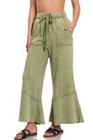 Acid Washed Exposed Seam Flare Hem Pants in Light Olive Pants Zenana   