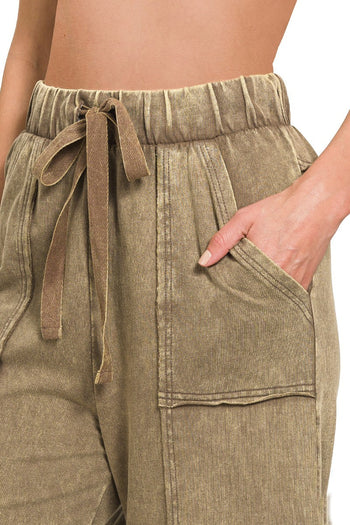 Acid Washed Exposed Seam Flare Hem Pants in Mocha Pants Zenana   