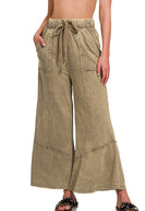 Acid Washed Exposed Seam Flare Hem Pants in Mocha Pants Zenana   