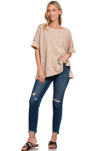 Acid Washed French Terry Top in Ash Mocha Shirts & Tops Zenana   