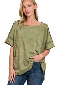 Acid Washed French Terry Top in Ash Olive Shirts & Tops Zenana   