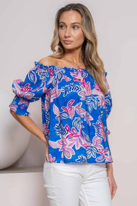 Hailey & Co On or Off the Shoulder Printed Top in Blue