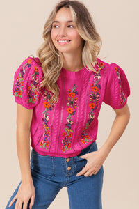 BiBi Sweater with Flower Embroidery in Fuchsia