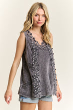 Load image into Gallery viewer, J.Her Mineral Washed Floral Trim Tank Top in Ashed Black
