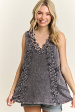 Load image into Gallery viewer, J.Her Mineral Washed Floral Trim Tank Top in Ashed Black
