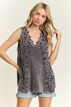 Load image into Gallery viewer, J.Her Mineral Washed Floral Trim Tank Top in Ashed Black
