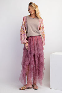 Easel Mineral Washed Top with Contrasting Print Sleeves in Mushroom