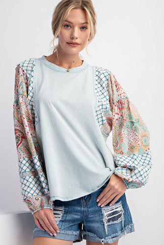 Easel Mineral Washed Top with Contrasting Print Sleeves in Sage Blue Shirts & Tops Easel   