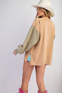 Easel Color Mix Terry Knit Pullover Top in Light Camel