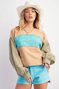 Easel Color Mix Terry Knit Pullover Top in Light Camel