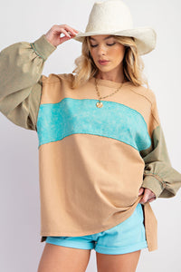 Easel Color Mix Terry Knit Pullover Top in Light Camel