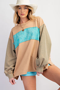 Easel Color Mix Terry Knit Pullover Top in Light Camel