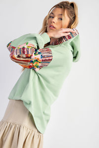 Easel Terry Knit Hooded Pullover Top in Apple Green