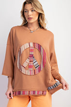 Load image into Gallery viewer, Easel Solid Color Top with Stripe Pattern Peace Sign Patch in Camel
