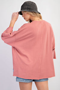 Easel Solid Color Top with Stripe Pattern Peace Sign Patch in Dried Rose