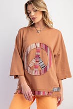 Load image into Gallery viewer, Easel Solid Color Top with Stripe Pattern Peace Sign Patch in Camel
