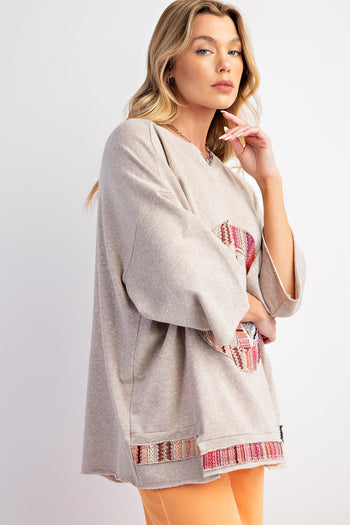 Easel Solid Color Top with Stripe Pattern Peace Sign Patch in Oatmeal