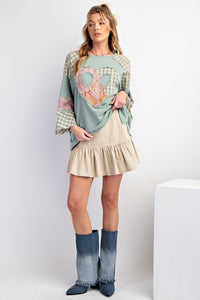 Easel Cotton Terry Knit Top with Heart Patch in Dusty Sage