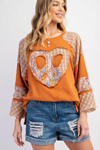 Easel Cotton Terry Knit Top with Heart Patch in Camel