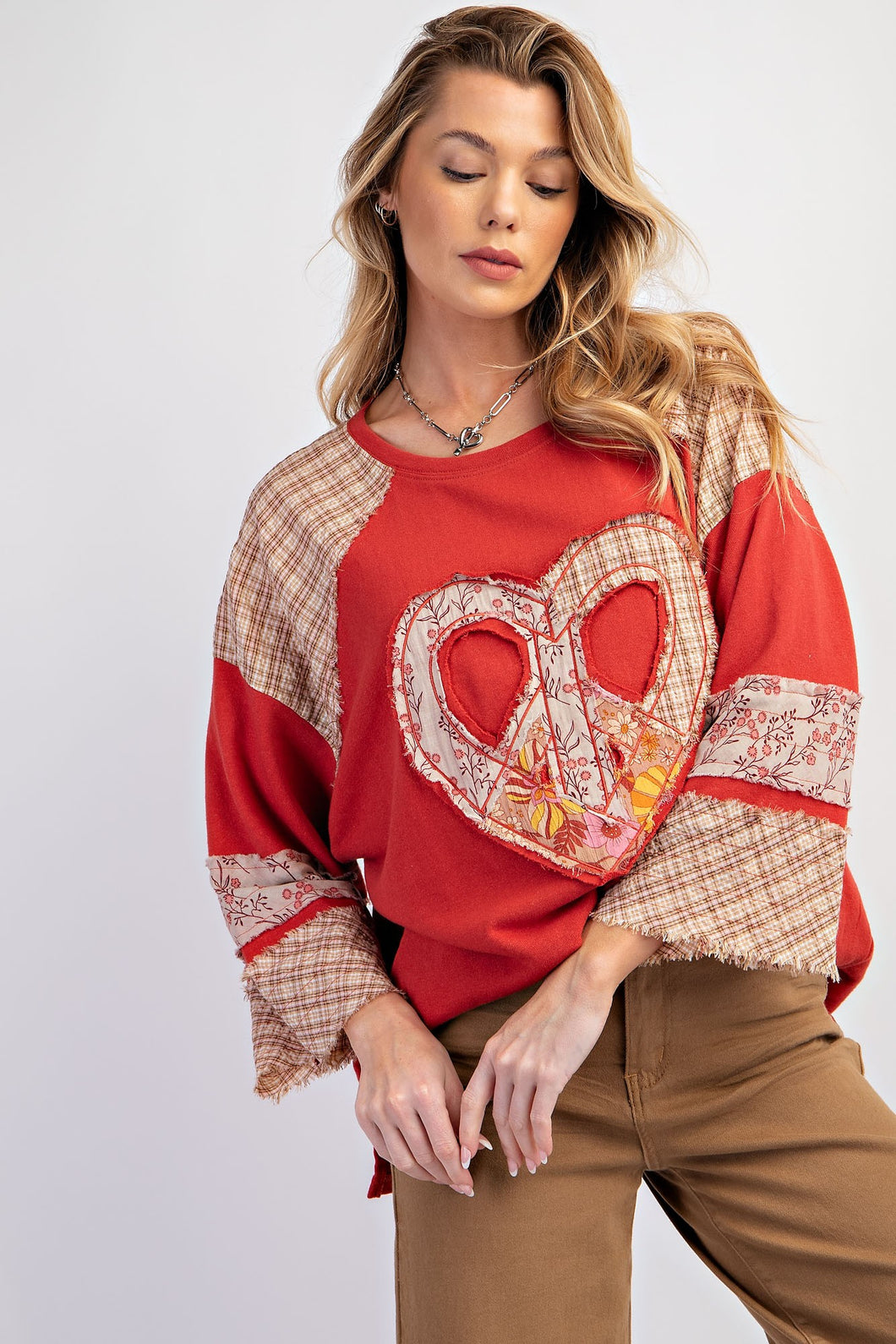 Easel Cotton Terry Knit Top with Heart Patch in Crimson