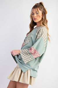 Easel Cotton Terry Knit Top with Heart Patch in Dusty Sage