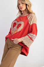 Load image into Gallery viewer, Easel Cotton Terry Knit Top with Heart Patch in Crimson
