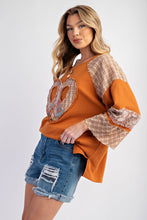 Load image into Gallery viewer, Easel Cotton Terry Knit Top with Heart Patch in Camel
