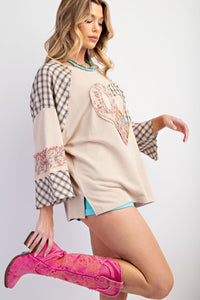 Easel Cotton Terry Knit Top with Heart Patch in Oatmeal