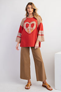 Easel Cotton Terry Knit Top with Heart Patch in Crimson