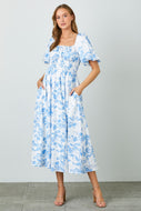 Polagram Textured Floral Print Midi Dress in Blue