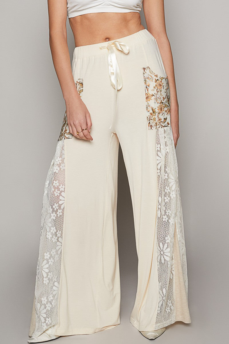 POL Jersey Knit Pants with Lace and Floral Print Details in Cream Pants POL Clothing   