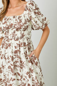 Polagram Textured Floral Print Midi Dress in Mocha