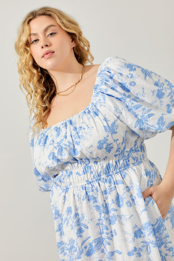 Polagram Textured Floral Print Midi Dress in Blue