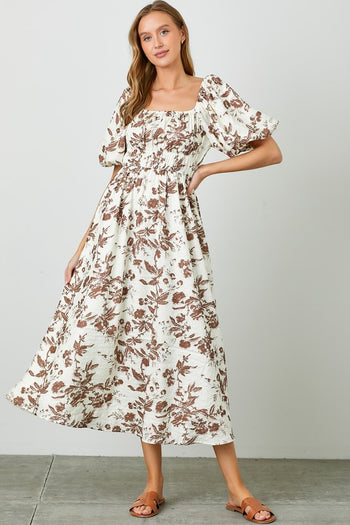 Polagram Textured Floral Print Midi Dress in Mocha FINAL SALE