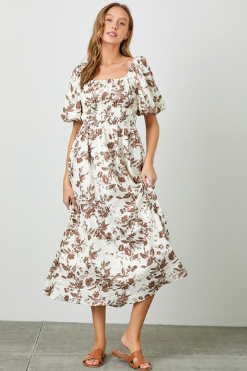 Polagram Textured Floral Print Midi Dress in Mocha FINAL SALE