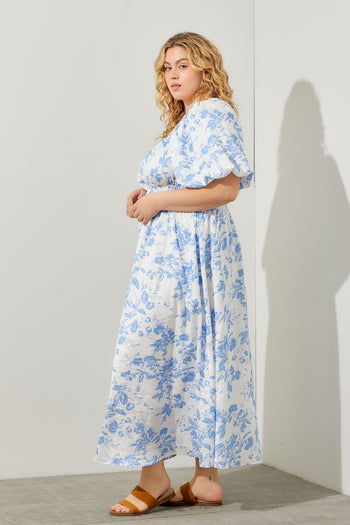 Polagram Textured Floral Print Midi Dress in Blue