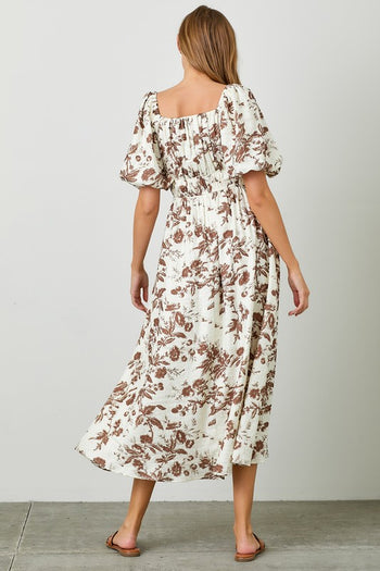 Polagram Textured Floral Print Midi Dress in Mocha FINAL SALE