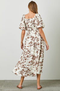 Polagram Textured Floral Print Midi Dress in Mocha