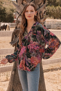 Jodifl Velvet Floral Print Top in Forest Green ON ORDER