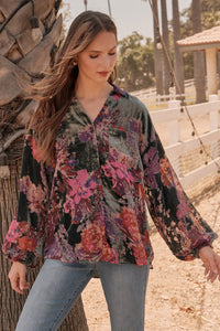 Jodifl Velvet Floral Print Top in Forest Green ON ORDER