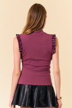 Load image into Gallery viewer, Doe &amp; Rae Mock Neck Faux Leather Ruffle Tank Top in Plum
