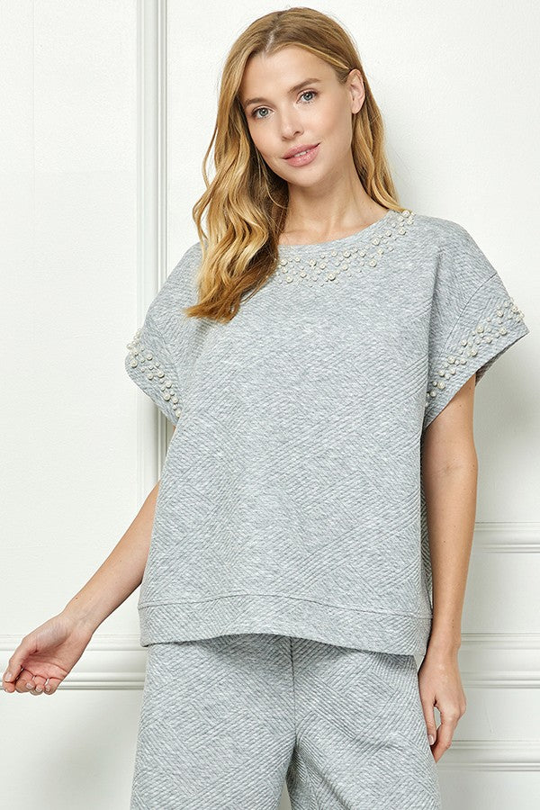 See and Be Seen Textured Top with Pearl Details in Grey Shirts & Tops See and Be Seen   