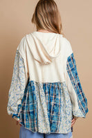 POL Mixed Fabric and Print Zip Up Hooded Top in Cream ON ORDER