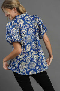 Umgee Two Tone Paisley Print Top in Blue Shirts & Tops Umgee   